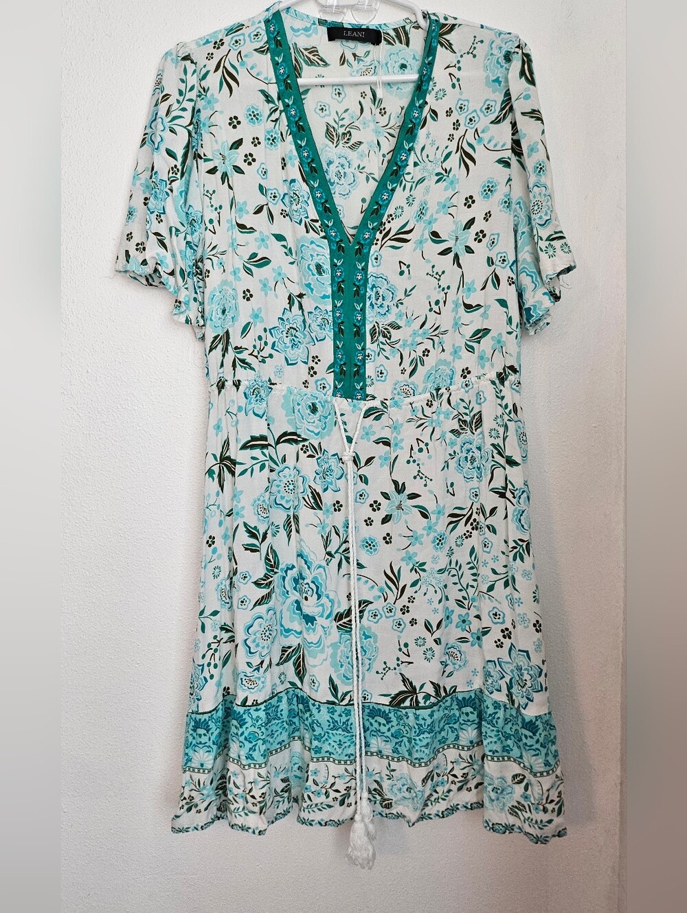 Light Blue Floral V-Neck Boho Dress. Lightweight - Tassels
